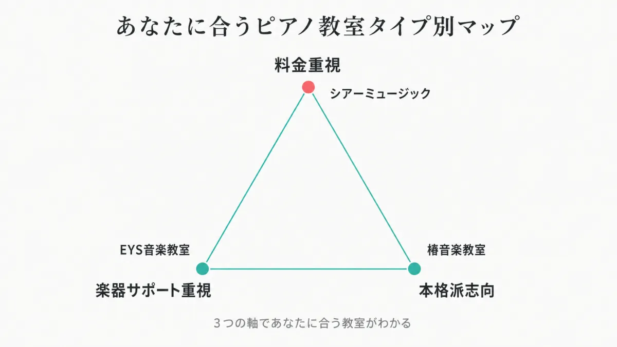 大人のピアノ教室タイプ別マップ。料金重視（シアー）・楽器サポート重視（EYS）・本格派（椿）の3軸でおすすめ教室を配置