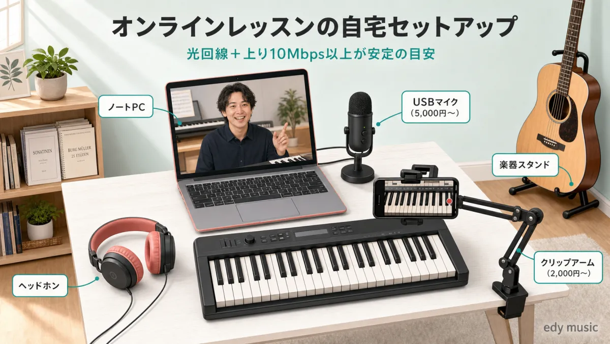 オンラインレッスンの自宅セットアップ|ノートPC・USBマイク・クリップアーム・ヘッドホン・楽器スタンドの配置例