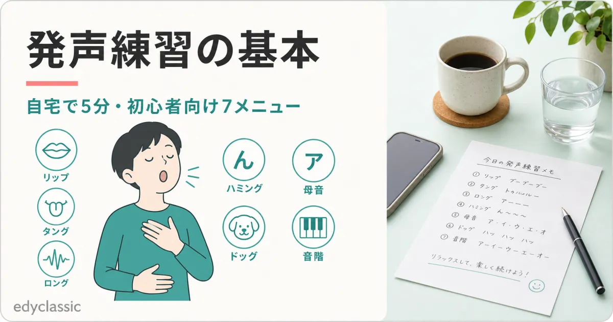 発声練習の基本｜自宅で毎日5分でできる初心者の7メニュー — リップロール・ハミング・ロングトーンなど7メニューのアイコンと家庭で発声練習する人のイラスト