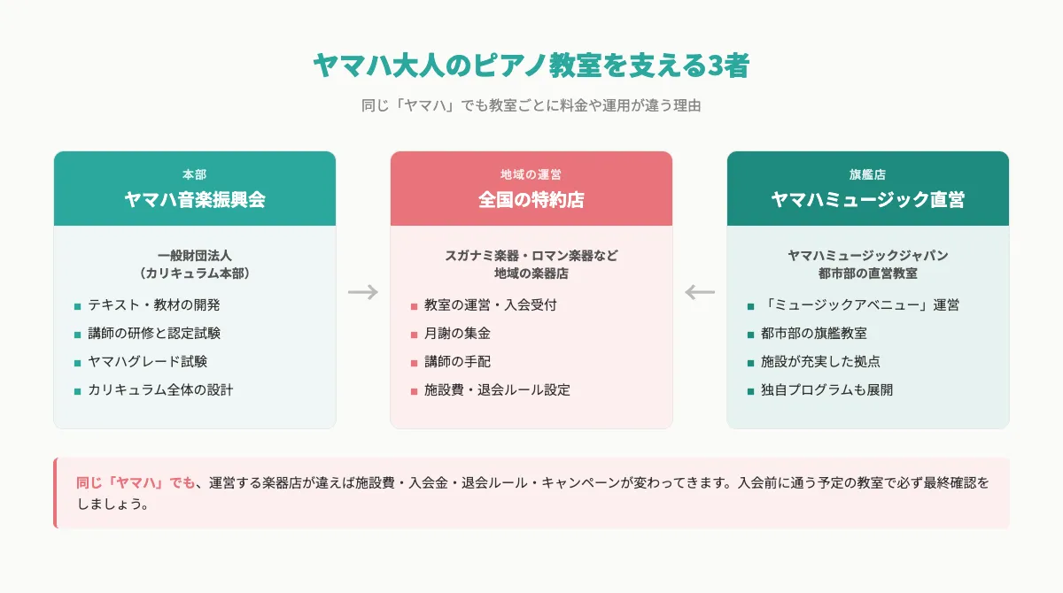 ヤマハ大人のピアノ教室を支える3者の運営構造。本部のヤマハ音楽振興会がカリキュラムを設計、全国の特約店が地域の教室運営、ヤマハミュージック直営が旗艦店を運営。同じ「ヤマハ」でも教室ごとに料金や運用が違う理由
